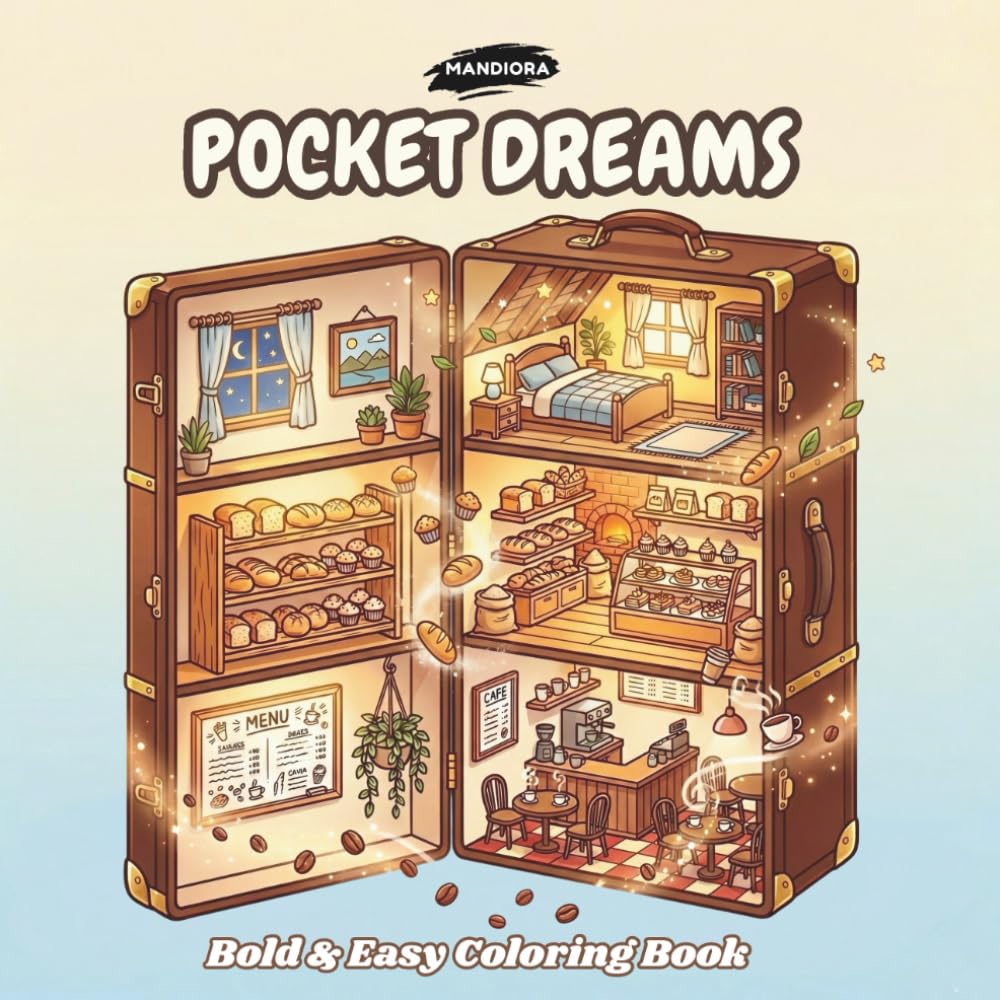 Pocket Dreams: A Tiny Cozy Wonders Coloring Book: 43 Bold and Easy Designs for Adults and Teens featuring Miniature Room Scenes, Magical Suitcase ... Art (Mandiora Bold & Easy Coloring Series)