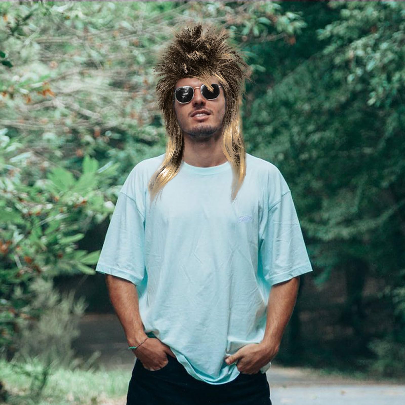 SEFIRST Perruque Mulet Homme Années 80 - Pack 3 Pièces Avec Lunettes De Soleil Et Filet à Cheveux Pour Fêtes Rétro Disco, Carnaval Et Halloween