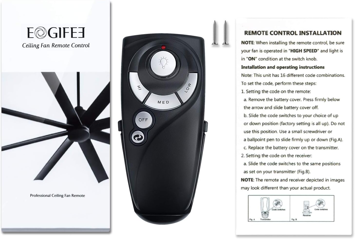 Eogifee UC7083T Remote Control with instructions showing dip switch setting