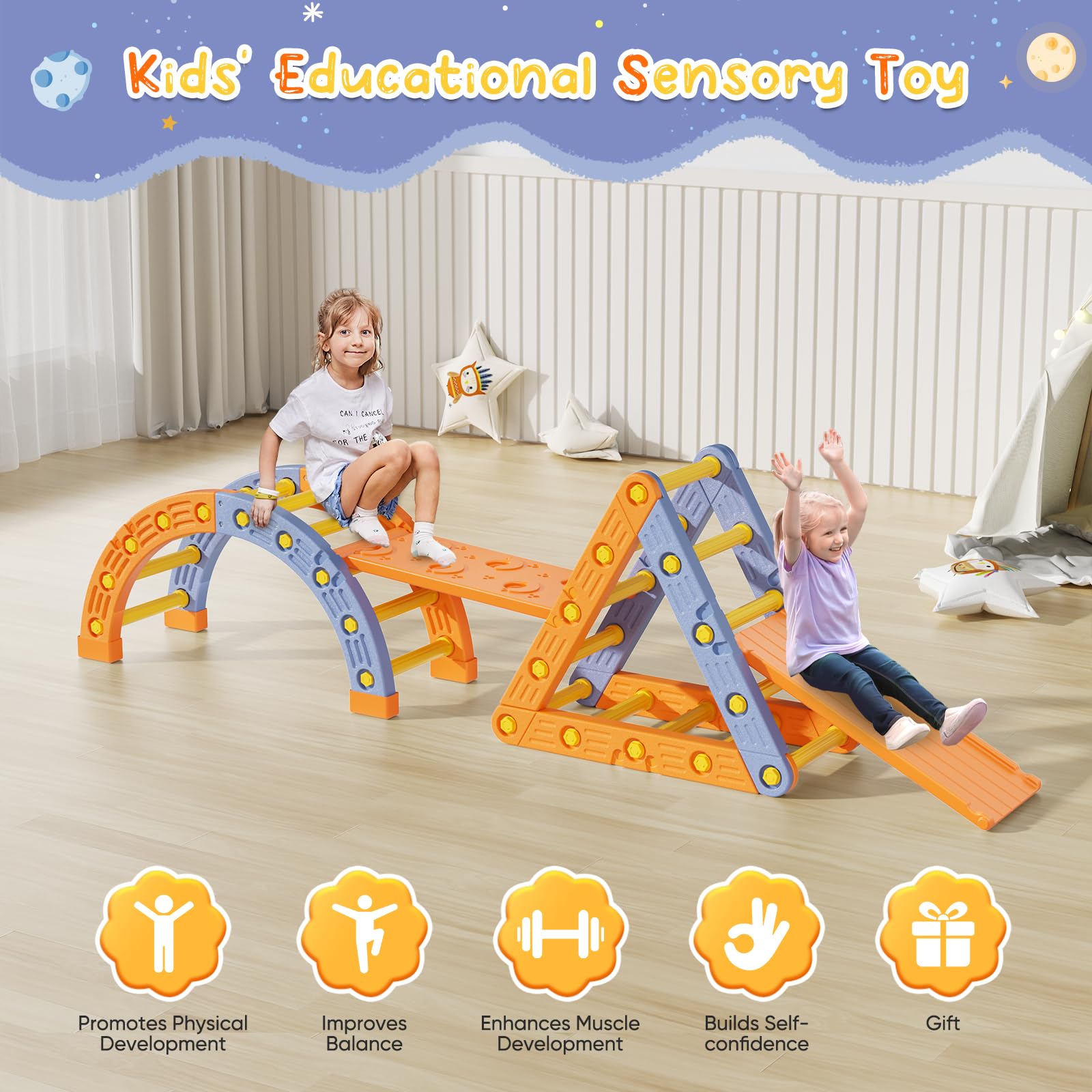 Montessori Klettergerüst Set, Indoor Kletterdreieck mit Dreieckiges Klettergerüst,Halbkreis, Leiter,Rutsche aus Kunststoff Kletterturnhalle für Babys (Orangeblau 005)