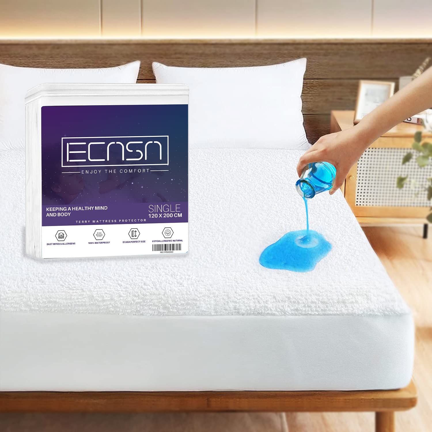ECASA™ Full Waterproof Mattress Protector, Fitted Mattress Pad Cover, Absorbent Cotton Terry Surface - Noiseless, Breathable Topper - 100% Sourced (120x200)