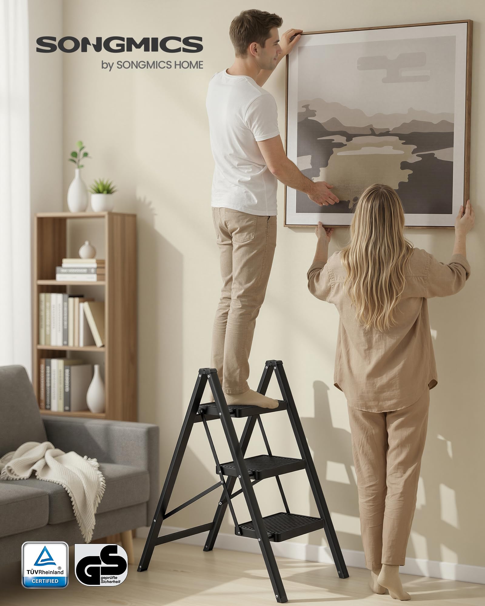 SONGMICS Escabeau Pliable, Marchepied 3 Marches, Supporte 150 kg, Échelle en Acier, Facile à Ranger, pour Maison, Bureau, Noir, 73,5 x 43,4 x 85,5 cm GSL103BZ01