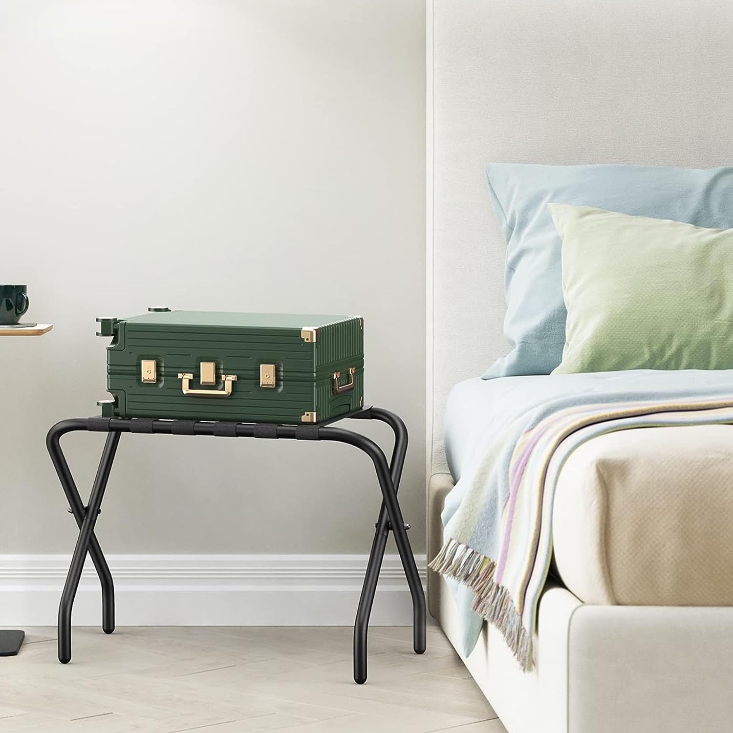 Set di 2 portavaligie pieghevoli con ripiano in metallo, 68 x 38 x 50 cm, portavaligie pieghevole in nero per borse e valigie, portavaligie adatto per camera, albergo