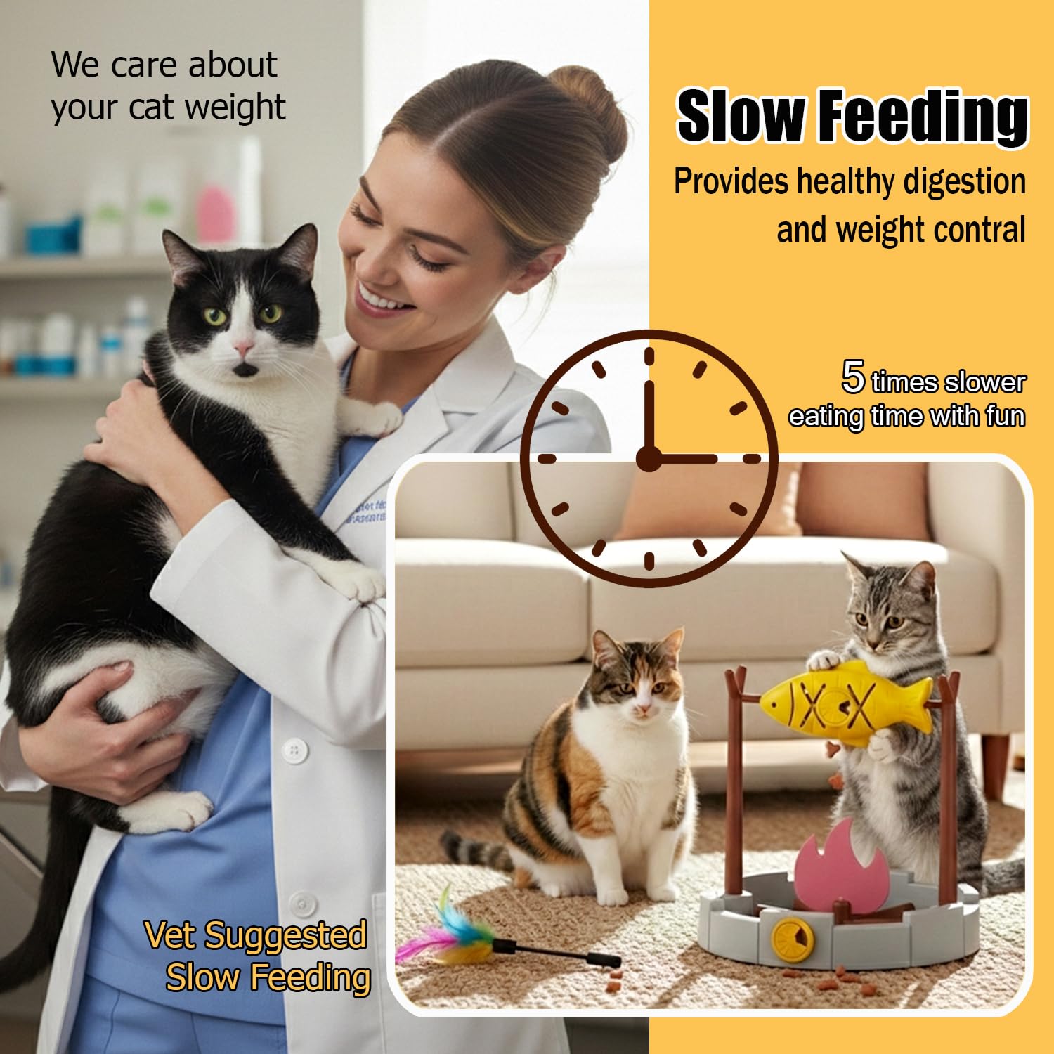 PetPals Dispenser di cibo secco per gatti, 28 cm di altezza, per cibo secco per gatti, ciotola per snack a alimentazione lenta, pesce alla griglia giocattolo per gatti