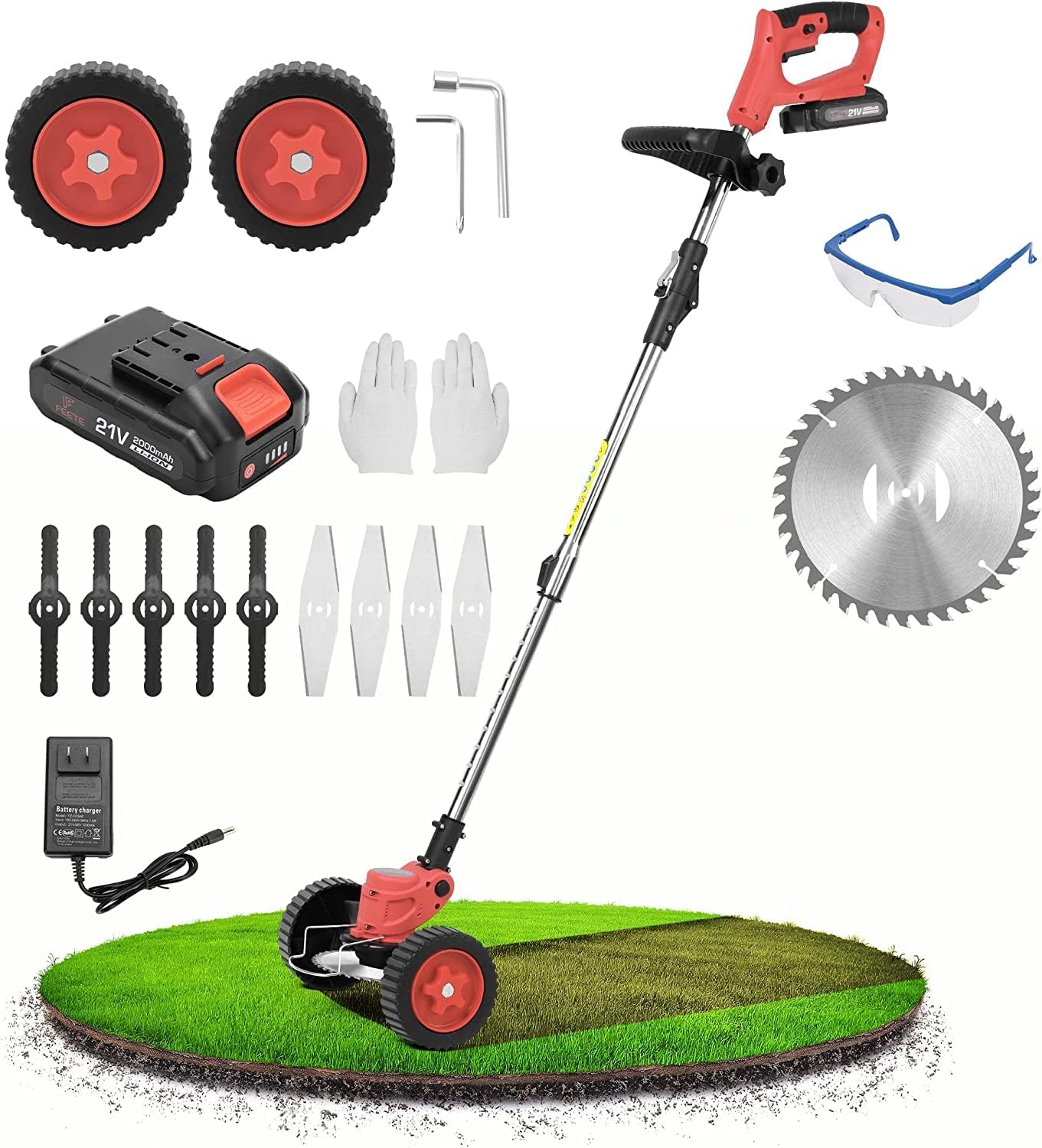 FEETE Weed Wacker, 21V 2Ah 3-in-1 Li-Ion Cordless String Trimmer w/3 Types Blade, Lightweight Battery Powered Folding String Trimmers, Height Adjustable Weed Eater for Garden and Yard (Red)
