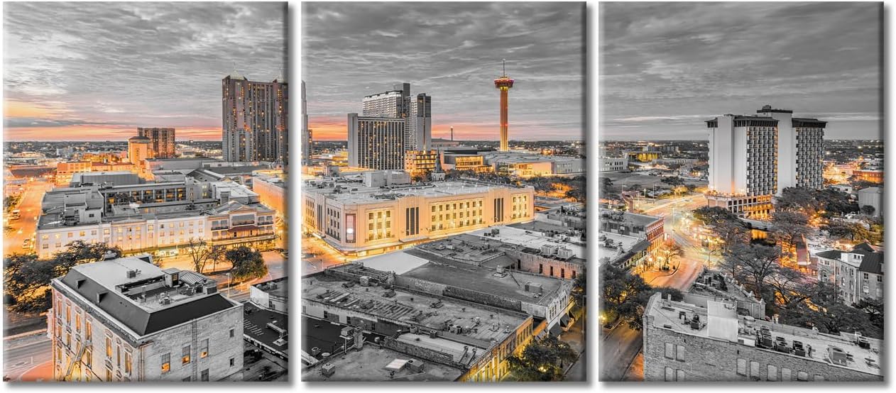TUMOVO 3 Panel San Antonio Texas USA Downtown City Skyline Modern Artwork Wall Decor Skyscrapers Cityscape Pictures Bathroom Decor Wall Art Print on Canvas Framed Ready to Hang (36" Wx16 H)