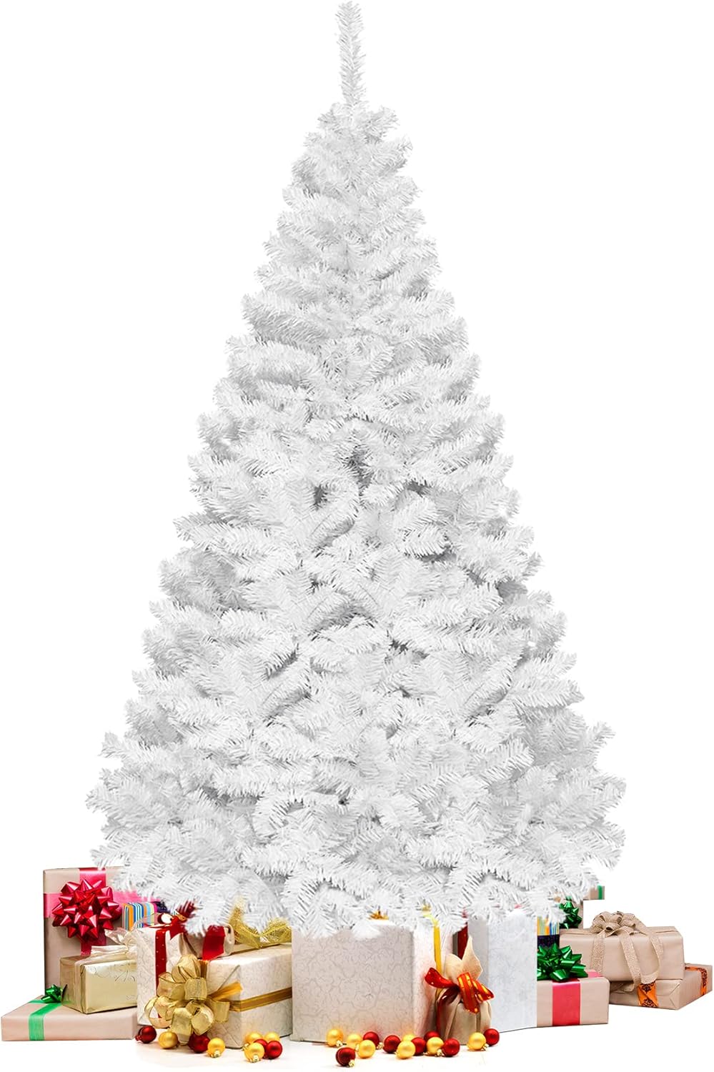 8FT White Artificial Christmas Tree Premium Hinged Xmas Tree Indoor and Outdoor Holiday Decoration, Solid Metal Stand, Easy Assembly