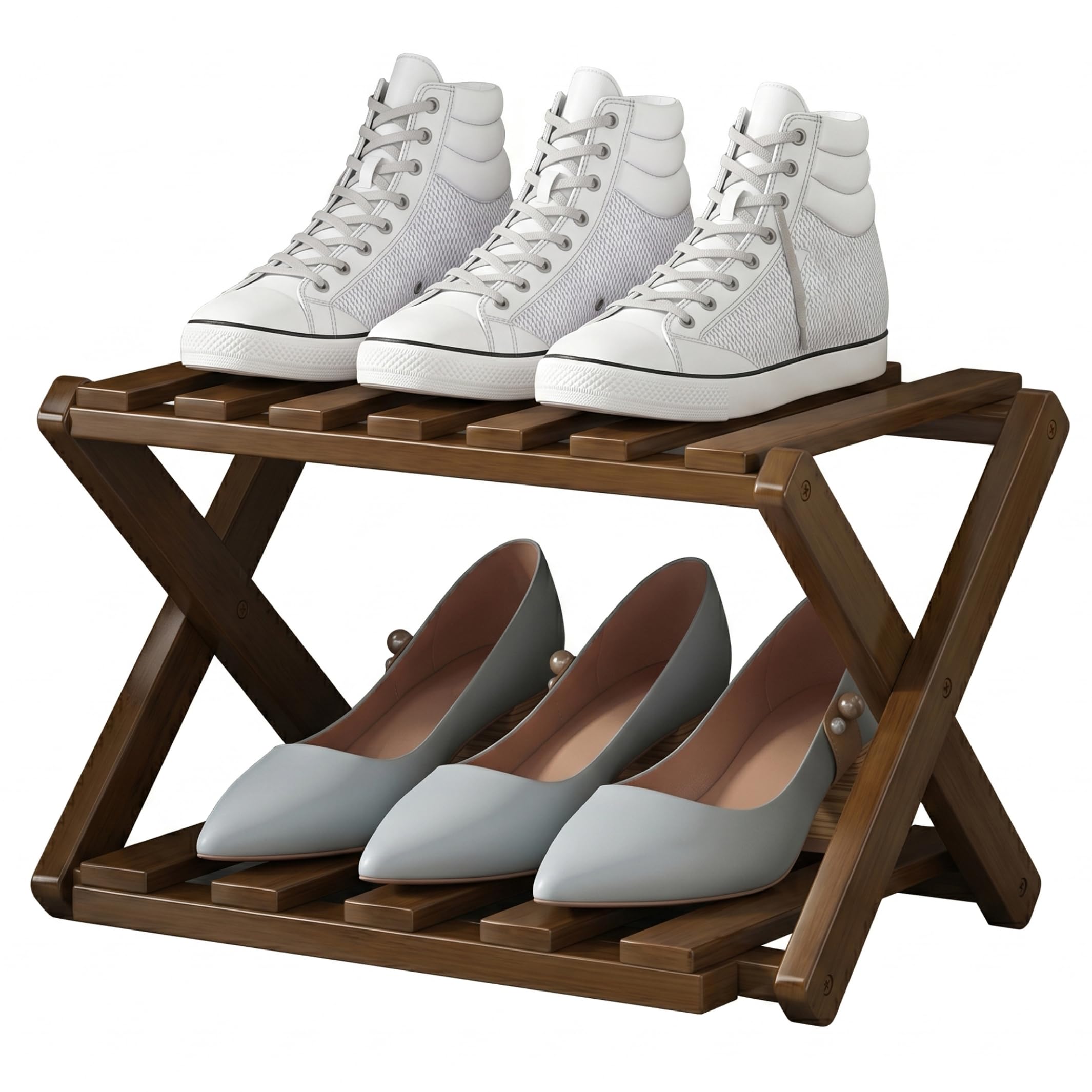 Bemonew Skinny Shoe Rack, 2 Tier Foldable Bamboo Shoe Rack Narrow Organizer Extendable for Entryway, Closet - Brown