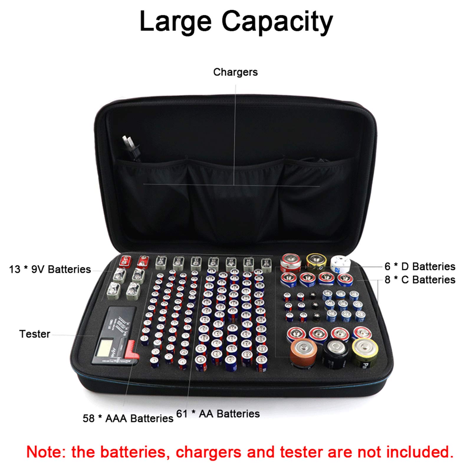 Stoßfeste Aufbewahrungsbox für 146 Batterien (AA AAA C D 9 V) mit Netztaschen für Ladegeräte, tragbare Organizer-Box für Zuhause, Reisen und den professionellen Gebrauch