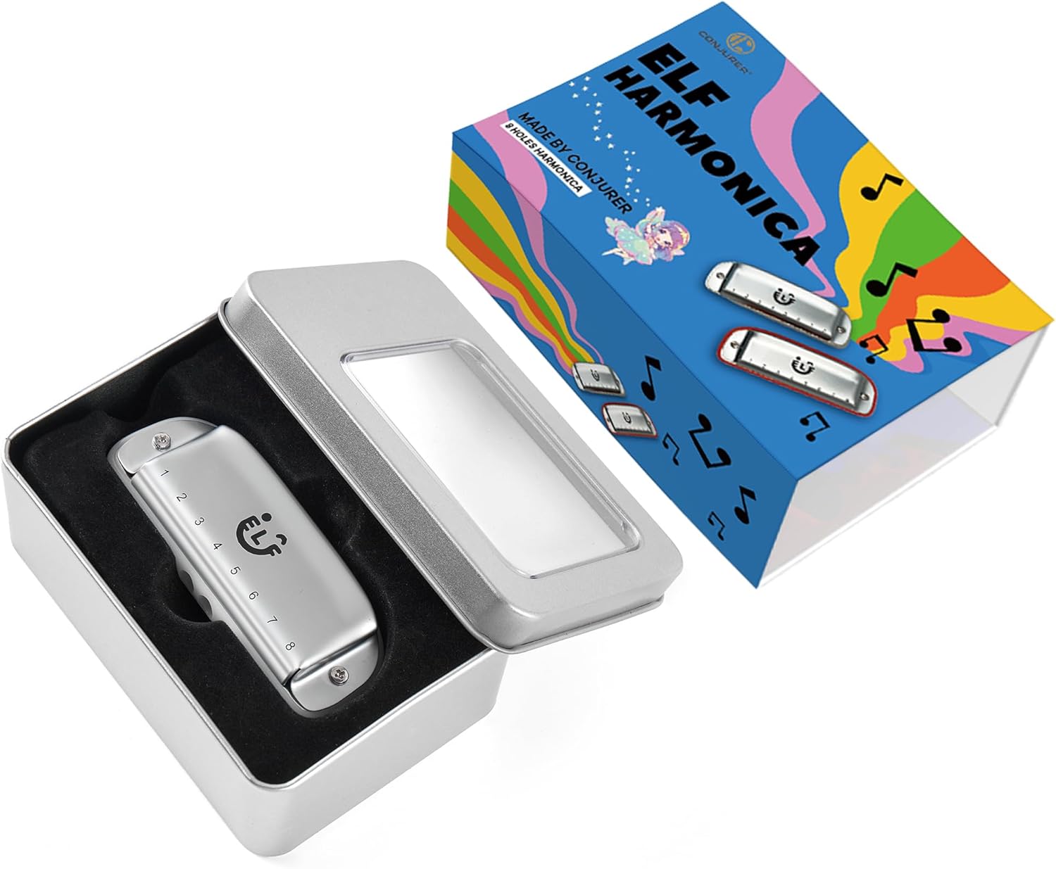 CONJURER 8 Hole Blues Harmonica for students Adult, C Key Diatonic Harmonica Mouth Organ for Beginners Professionals, with Exquisite Case, Musical Instrument, as a Gift, White