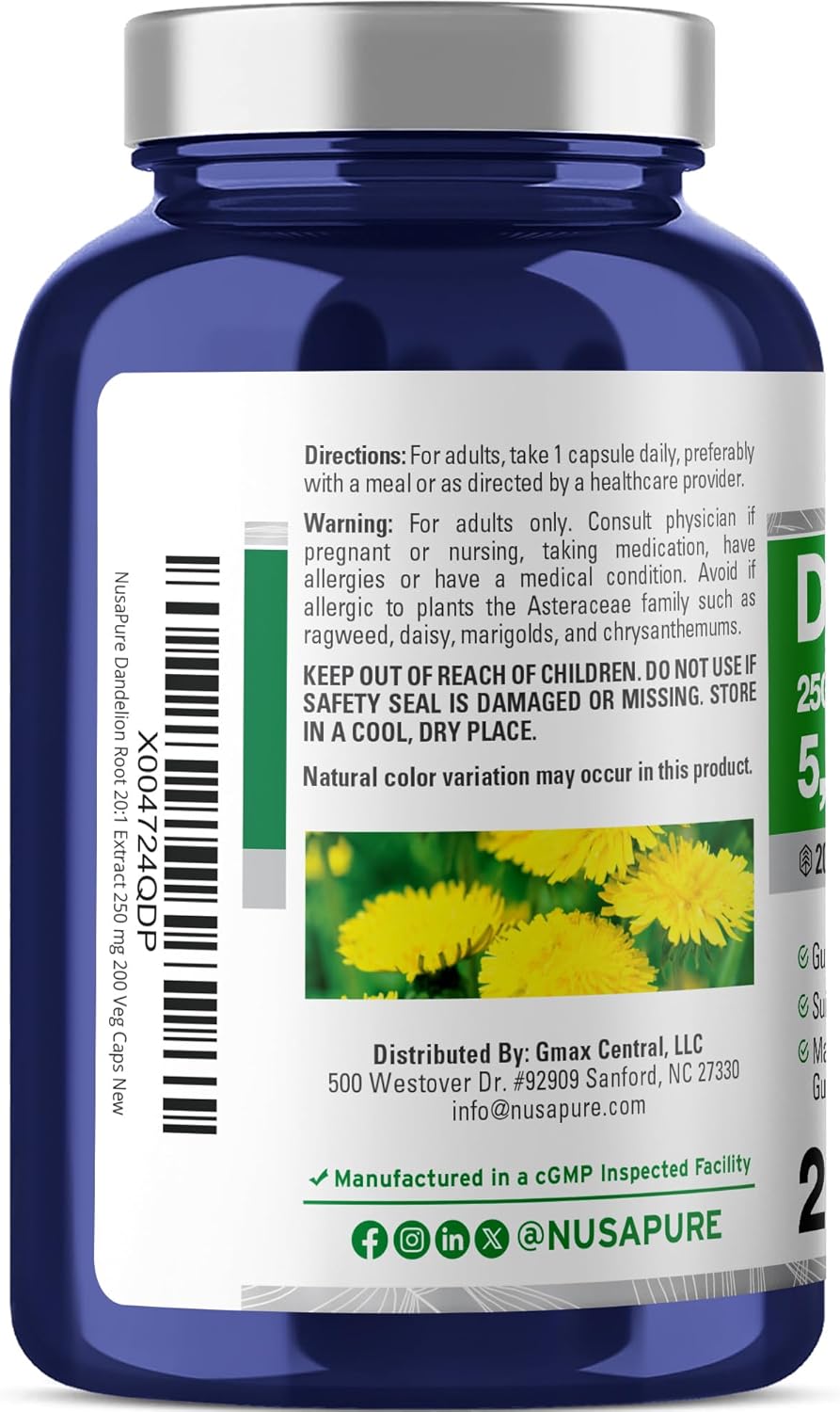 NusaPure Dandelion Root 20:1 Extract, 250 mg Equivalent to 5000mg 200 Veg Capsules (Vegan, Non-GMO) - Image 3