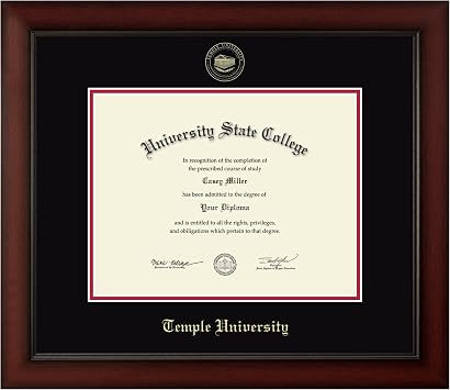 Temple University 11" w x 8.5" h Diploma Frame - Fits An Associates, bachelors, masters and phd - Gold Embossed Diploma Frame - Cherry Moulding with Black and Red Matting