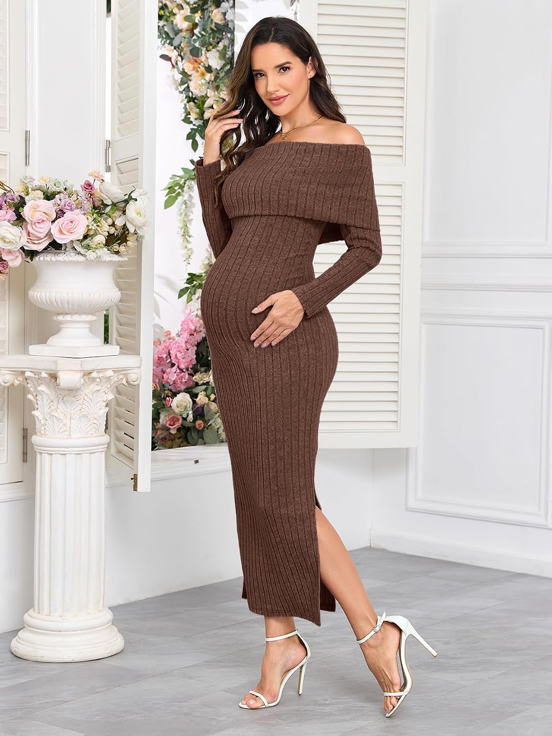 CYCLAMEN Off-Shoulder Maternity Sweater Dress Rib Knit Long Sleeve Dresses with Side Slit Pregnancy Clothes Baby Shower