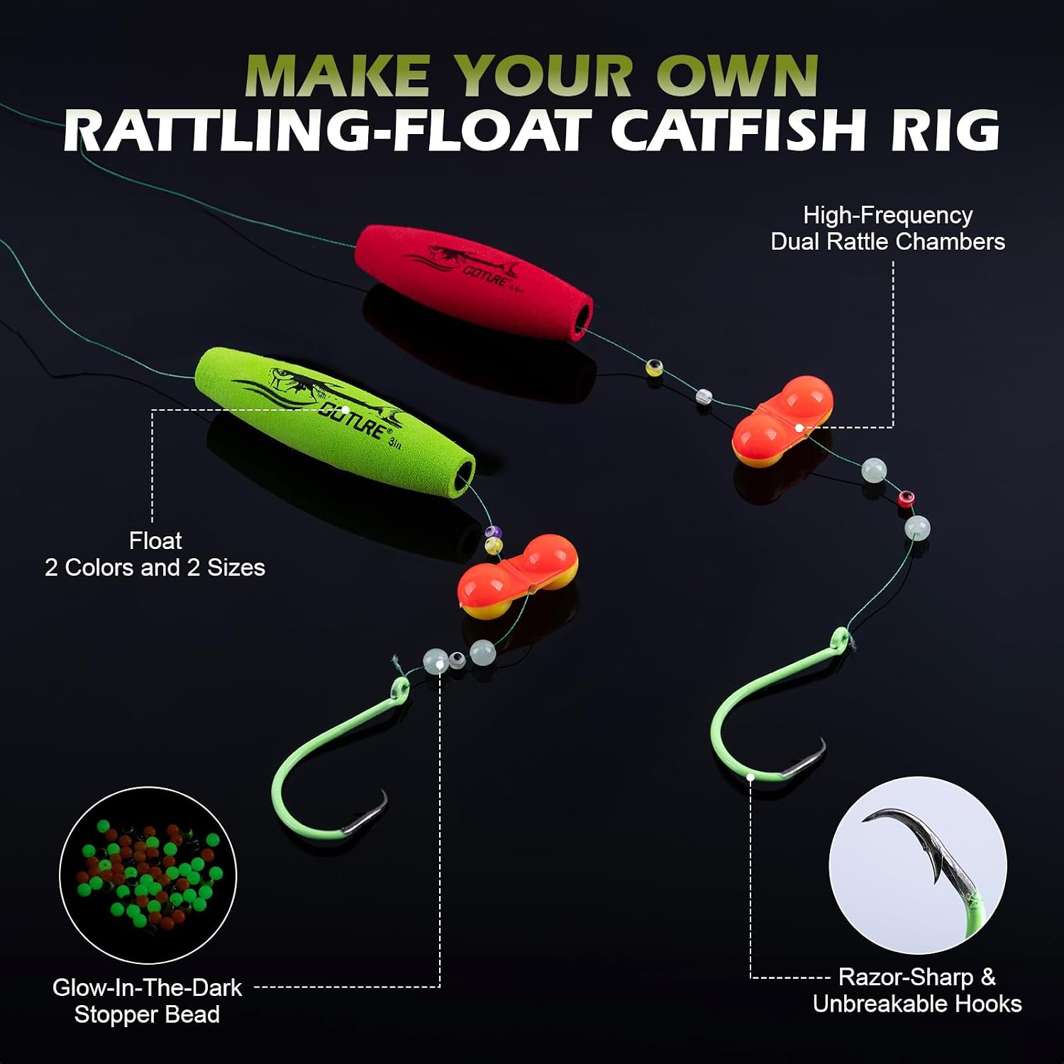Goture Catfish Rig Making Kit,274pcs/300pcs Catfishing Tackle with Luminous Fishing Hook Swivel Sinker Weights Rattle Float Bobber Stoppers,Catfish Rigs Accessories with 3600 Tackle Box,Gifts for Men