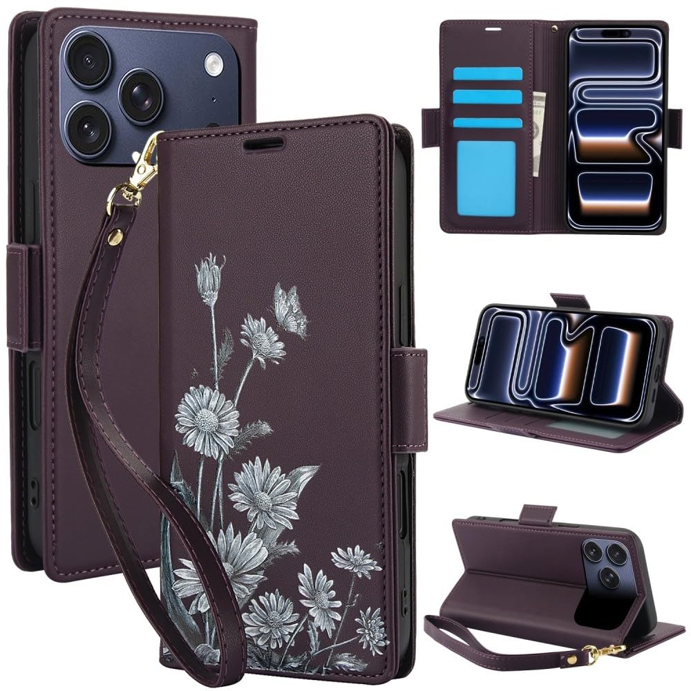 Étui iPhone SE3 8 7 violet motif floral avec fente carte