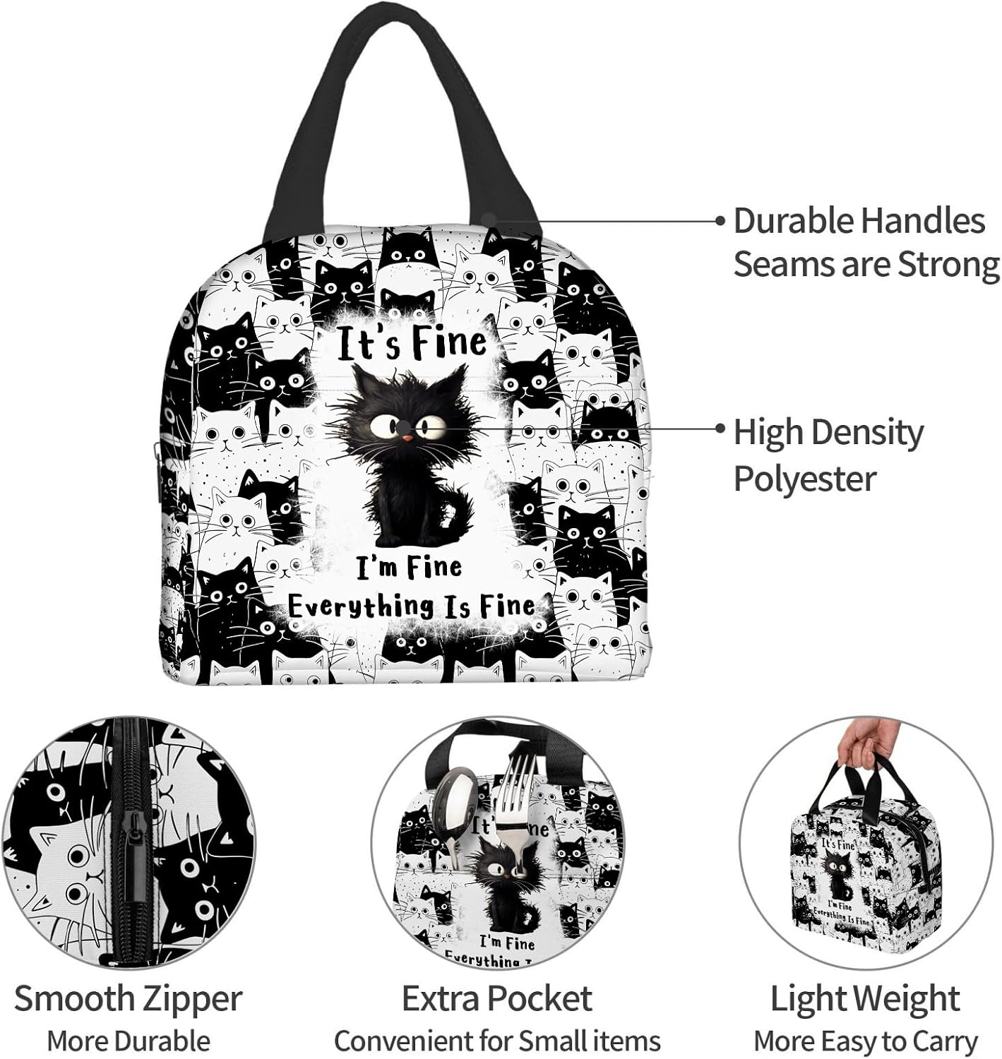 Cats Lunch Bag for Women, Insulated Reusable Lunch Tote Bag, Large Capacity Lunch Box for Work, Leakproof Cooler Lunch Bag for Office Picnic Travel image 5