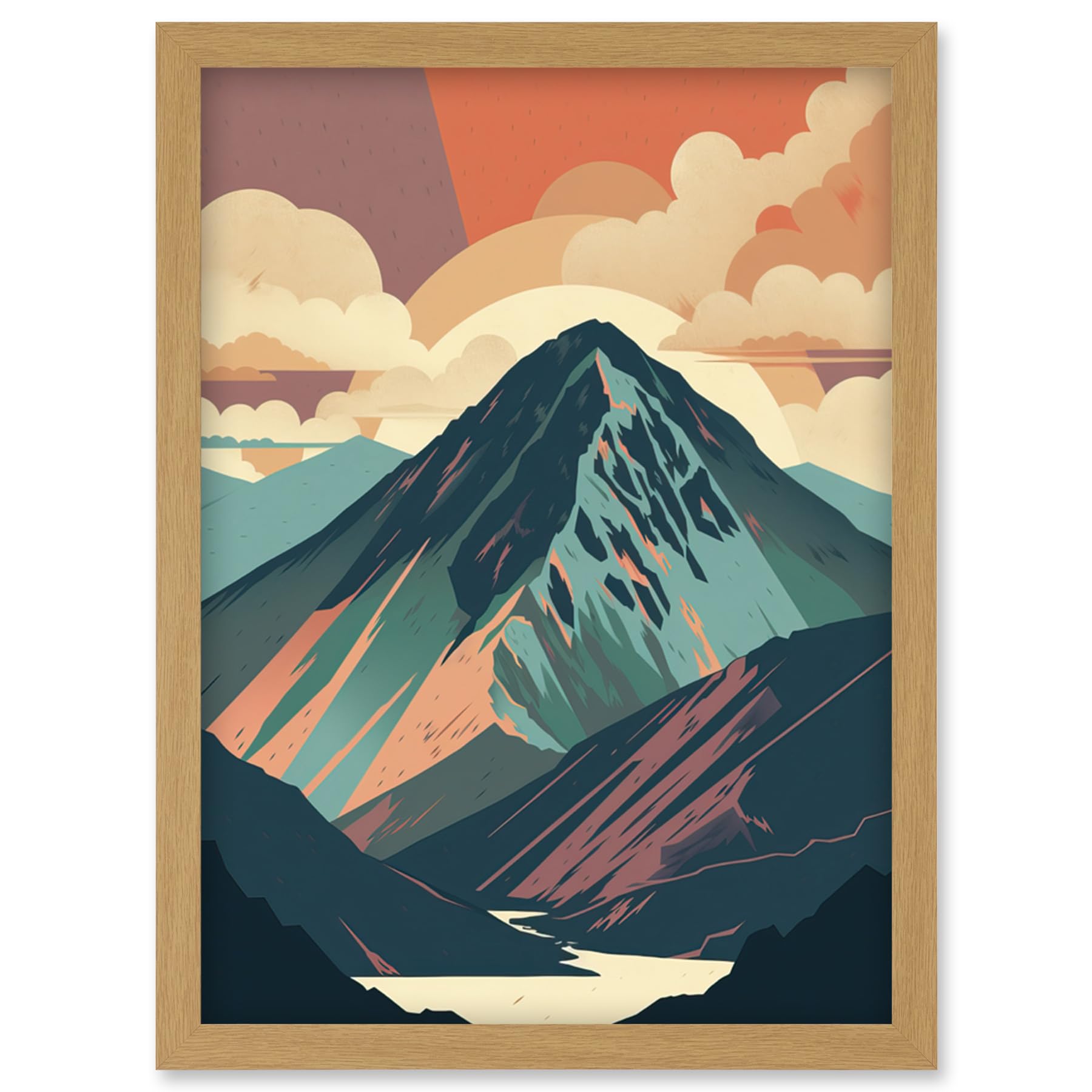 Artery8 Mountain Hill Sunrise Boho Landscape Illustration Artwork Framed Wall Art Print A4