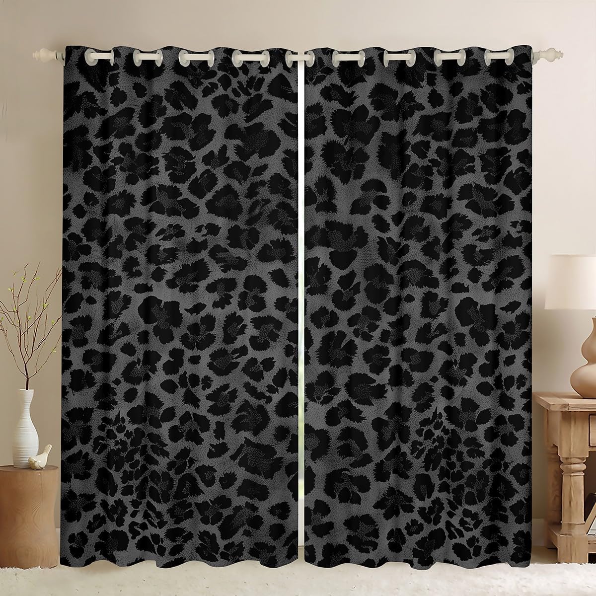 Feelyou Leopard Curtains for Bedroom Living Room Black Gray Animal Print Blackout Curtains (2 Panels, 38 x 45 Inch) Cheetah Room Darkening Blackout Curtain Fur Print Window Treatments