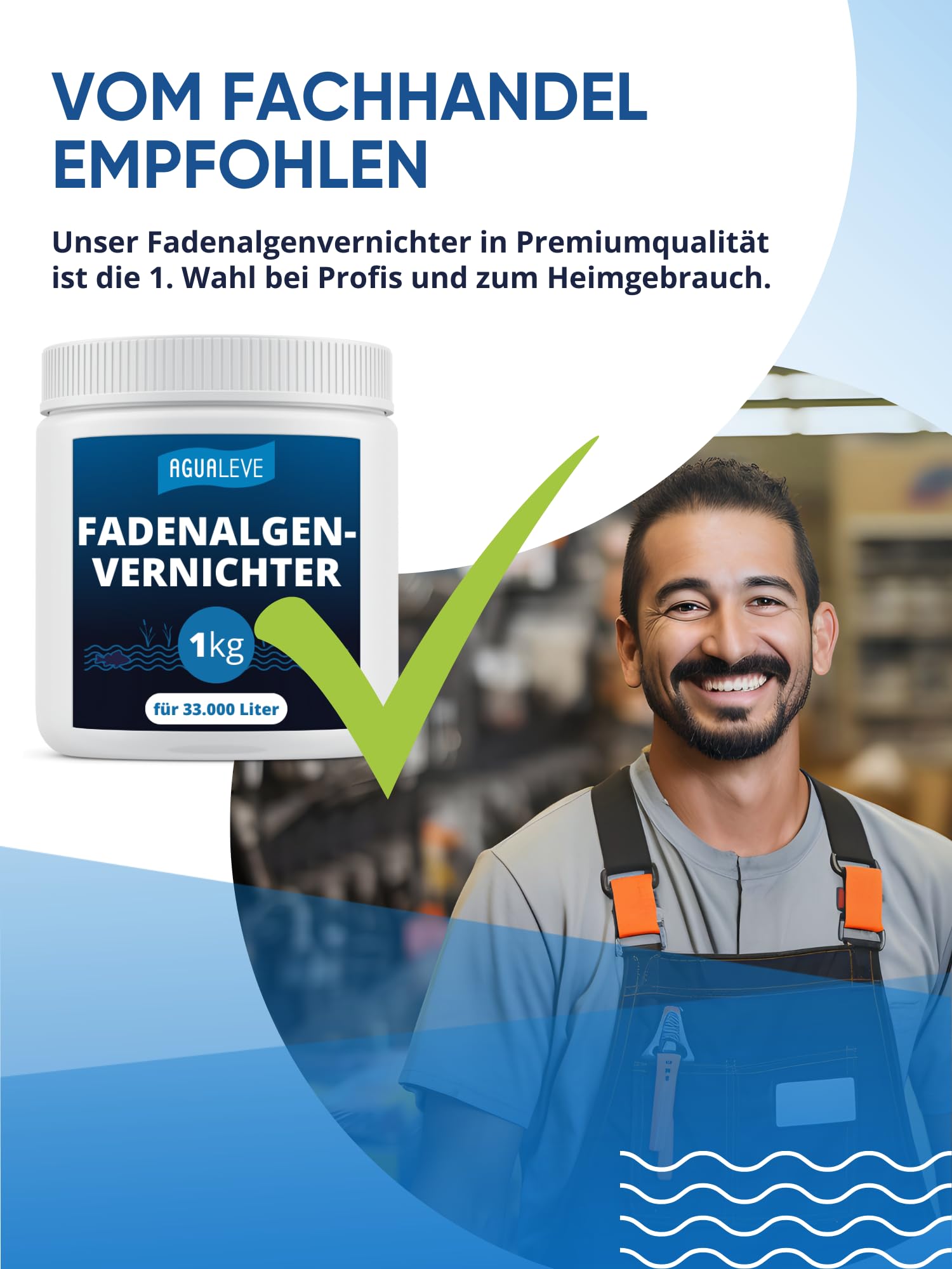 AGUALEVE® Fadenalgenvernichter 1kg *NEU* | bioverträgliche Algenvernichtung ohne Schwermetalle | Markenqualität Made in Germany | für 33.000 Liter Teichwasser | Note 1,1