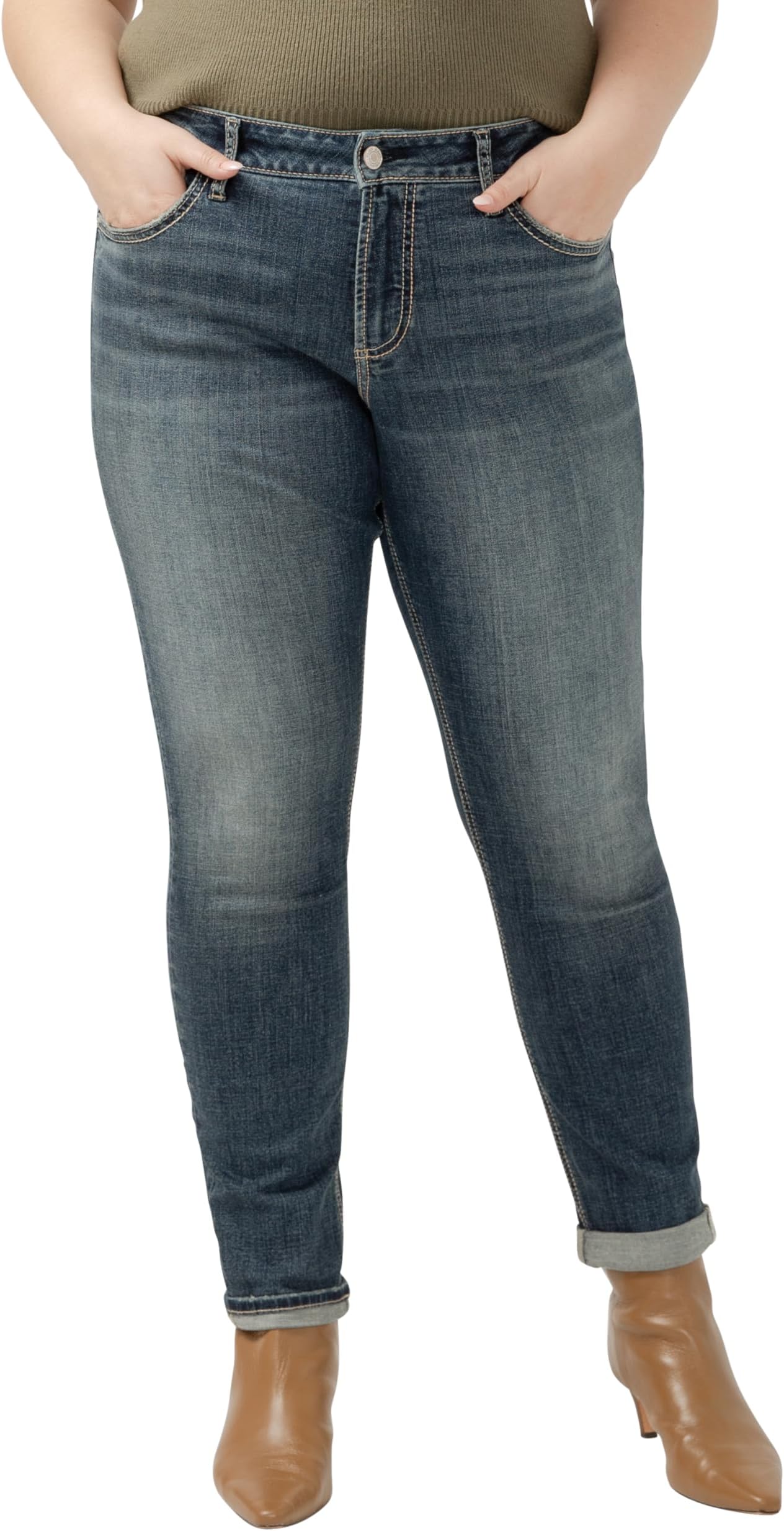 Silver Jeans Co. Women's Standard and Plus Size Girlfriend Mid Rise Skinny Jeans