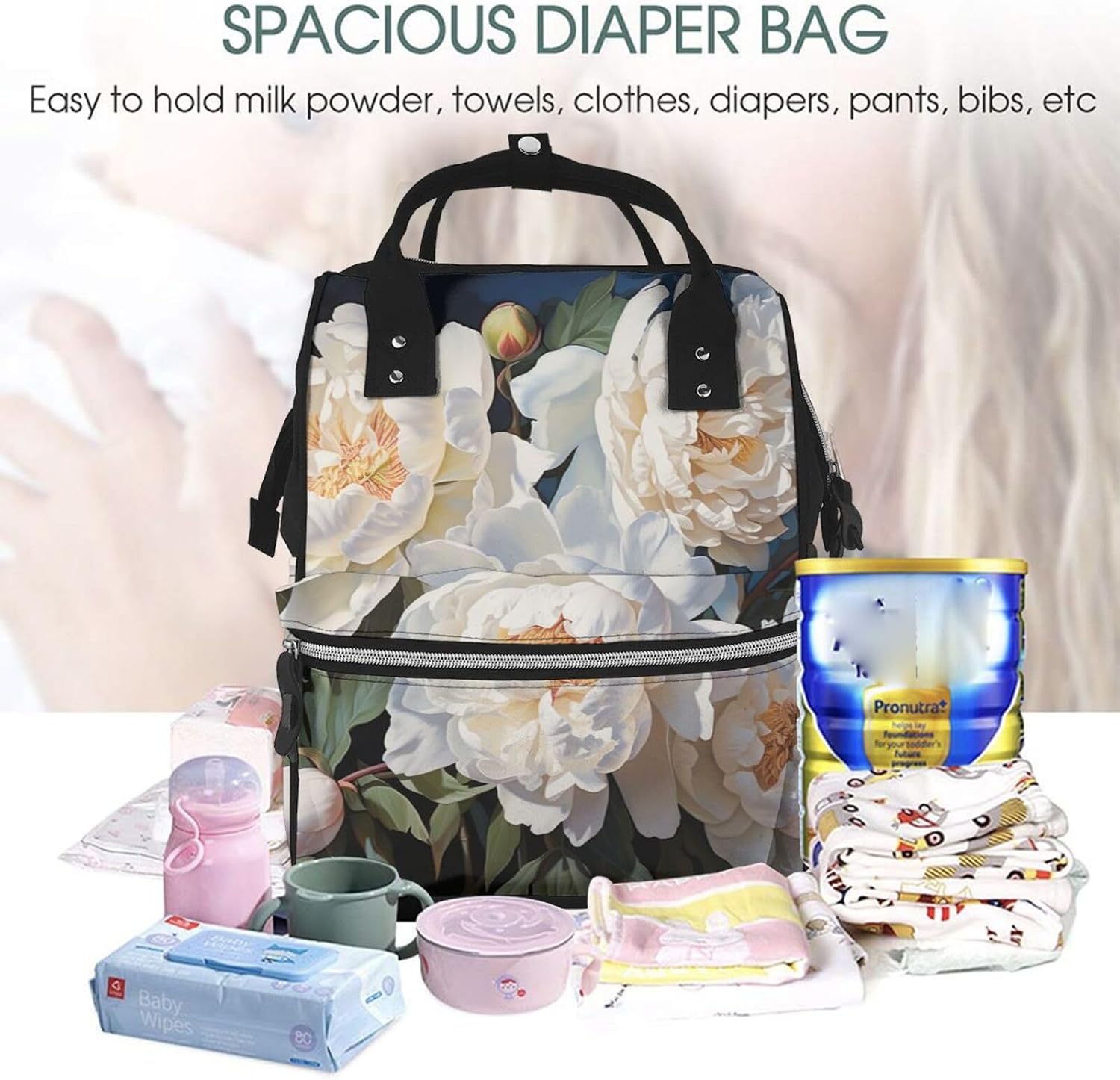White peony Diaper Bag with Changing Pad, Pacifier Holder - Multifunction Travel Nappy Bags Large Capacity Laptop Backpack Waterproof Mommy Bag Casual Daypack for Mom image 5