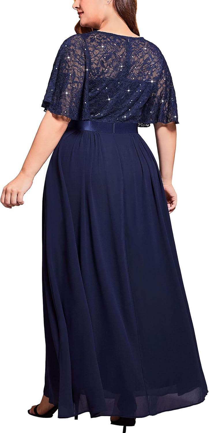 Miusol Women's Plus Size Sequin Lace Round Neck Butterfly Sleeves Formal Evening Maxi Dress - Image 2