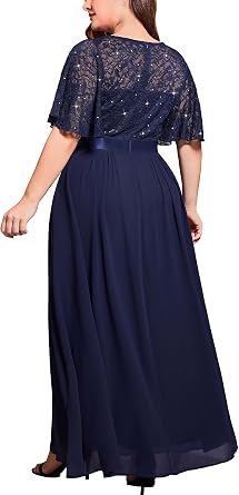 Miusol Women's Plus Sequin Lace Flutter Sleeves Mother of the Bride Dress