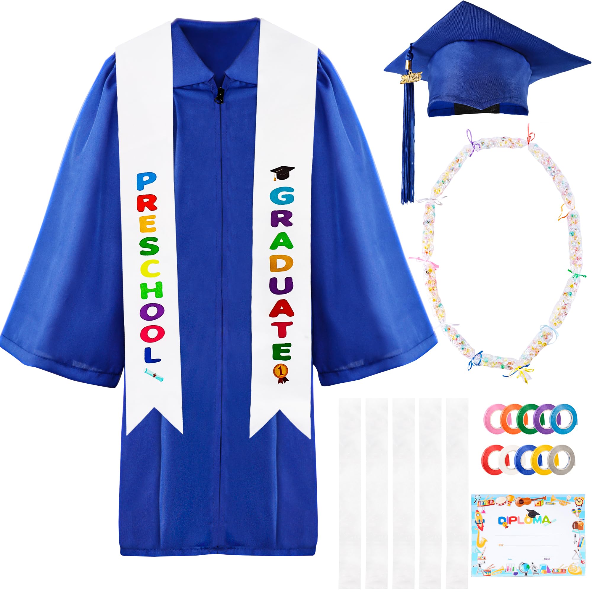 Unisex Kids Kindergarten Graduation Gown Cap Tassel Stole Preschool Graduation Gown Robes Certificate for Boy Girl