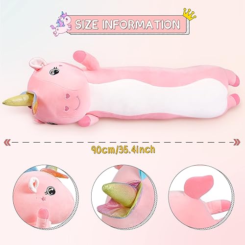 Vista 4 de Almohada de peluche de unicornio de 35.4 pulgadas, almohada larga y suave para el cuerpo, juguetes de animales de peluche de unicornio grande, linda