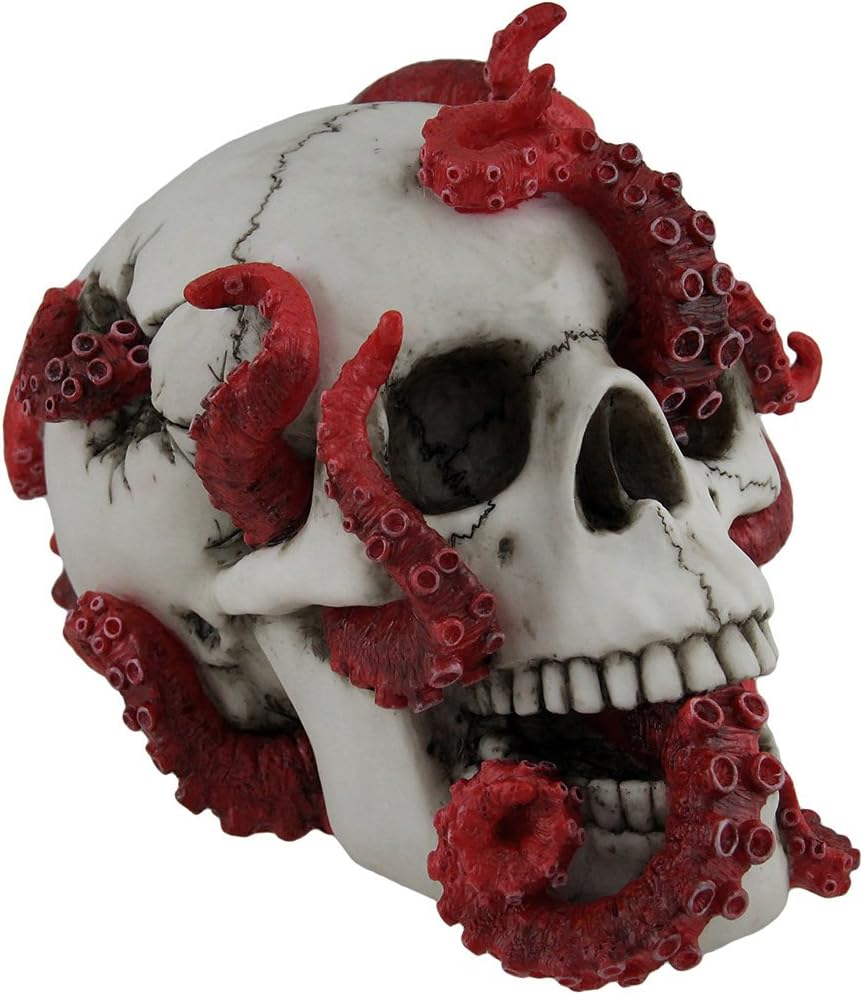 Veronese Resin Statues The Abyss Lurks Within Red Octopus Inhabiting A Human Skull Statue 7 X 5.25 X 4.5 Inches White