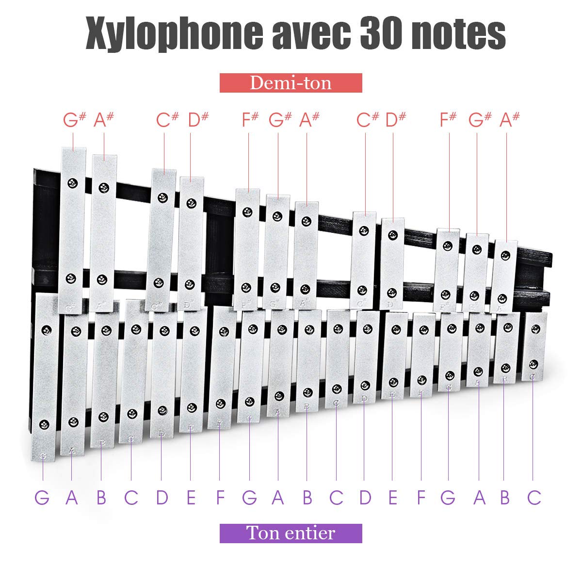 COSTWAY Kit de Percussion Glockenspiel 30 Note Portable avec Baguettes en Bois,Cadre en Bois Barres en Aluminium avec Sac de Transport pour Enfants Educatifs