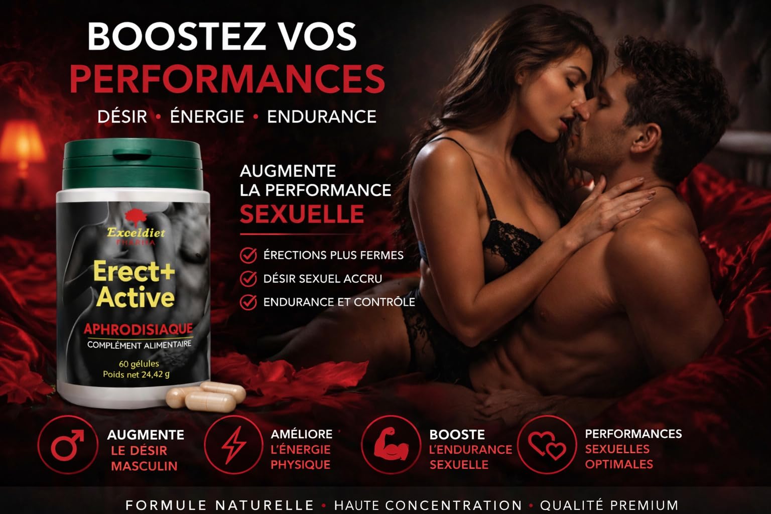 ERECT + ACTIVE - Complément Alimentaire Tonifiant Sexuel Intense pour Homme - Performance, Vigueur, Endurance Sexuelle - Maca, Ginseng, Tribullus, Zinc, 60 gélules