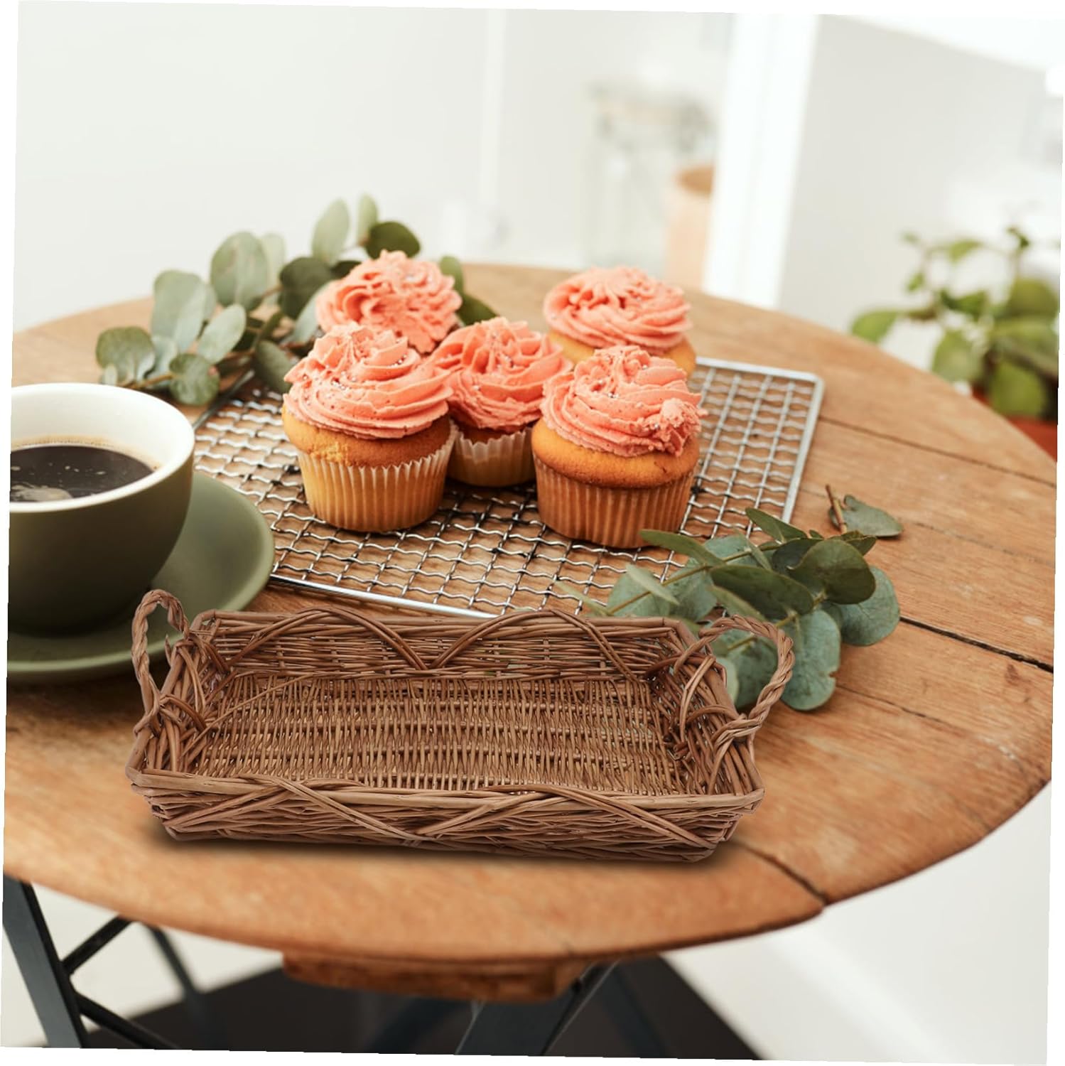 Light Brown Rattan-woven Storage Basket for Household Fruit and Bread Handcrafted Rectangular Tray with Handle Lightweight Organizer for Kitchen Living and Hotel Use