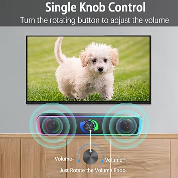 PC Speakers, Computer Speakers for Desktop, Bluetooth 5.3 USB Powered PC Sound bar with RGB LED Lights, HiFi Stereo, Knob Volume Control, 3.5mm Aux Input Wired Soundbar for Monitor, Desktop, Laptop
