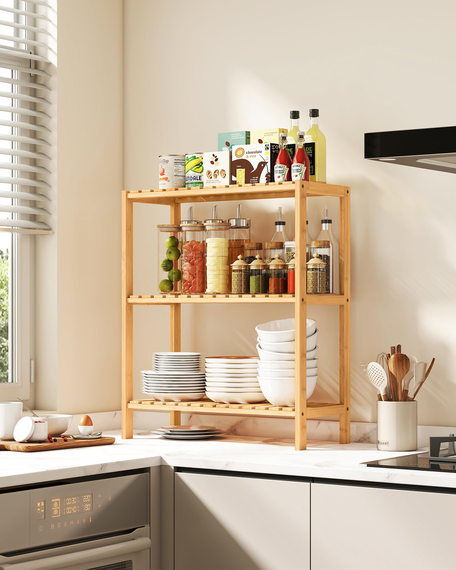 SONGMICS Estantería de Baño de Madera, Estantería Almacenaje, Estante de Plantas de 3 Niveles, para Baño, Sala de Estar, Balcón, Cocina, 26 x 60 x 66 cm, Natural BCB33Y
