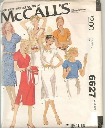 McCall's 6627 Vestidos o tops vintage de los años 70, patrón de costura, talla S (10-12)