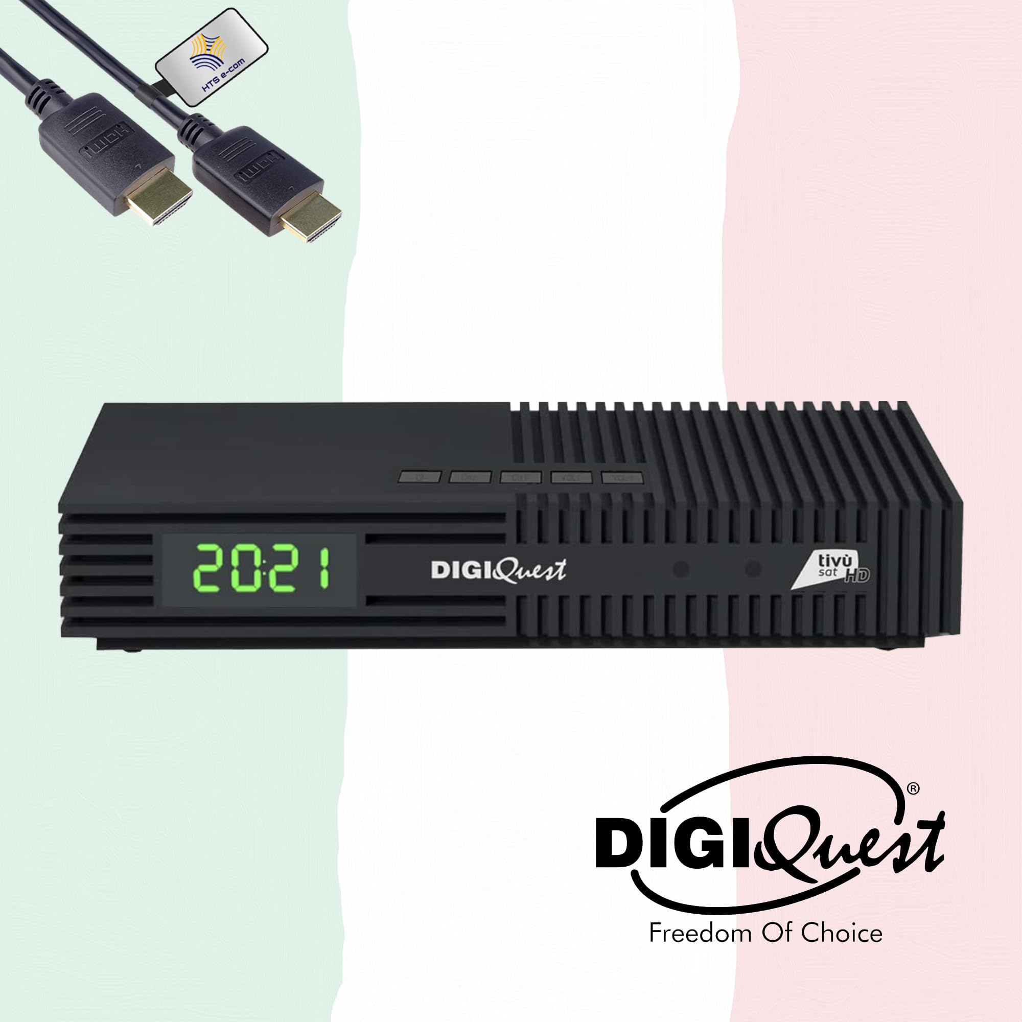 DIGIQuest Ti9 HD Sat-Receiver mit TivùSat HD Karte aktiviert, HTS eCom HDMI | Tivu zertifiziert, DVB-S2, Full HD 10Bit HEVC, Italien TV, Rai, Mediaset, LA7, Hotbird 13°, USB, 12V-Betrieb