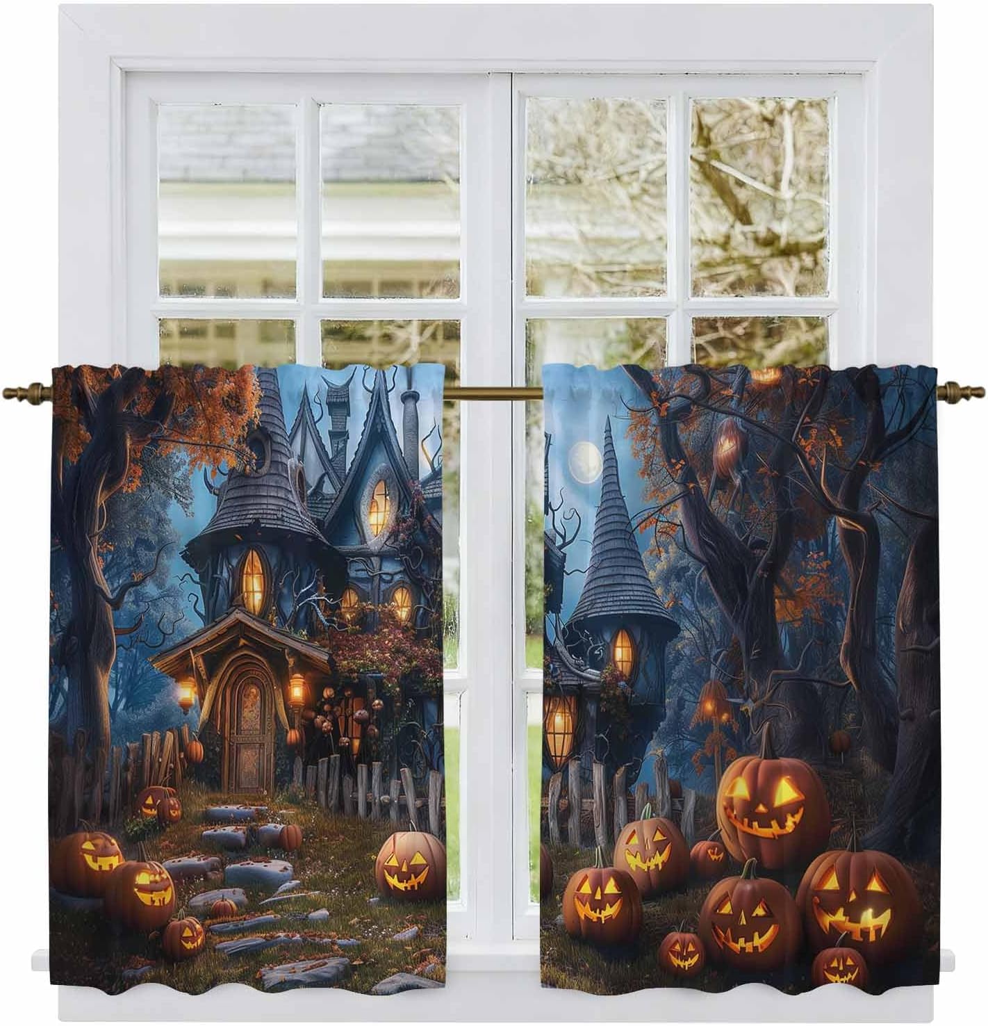 Halloween Kitchen Tier Curtains 45 Inch Long 2 Panel Set,Rod Pocket Short Window Treatment,Forest Ghost Pumpkin Castle Vintage Cottage Curtains & Drapes for Bathroom Basement 27.5"W x 45"L