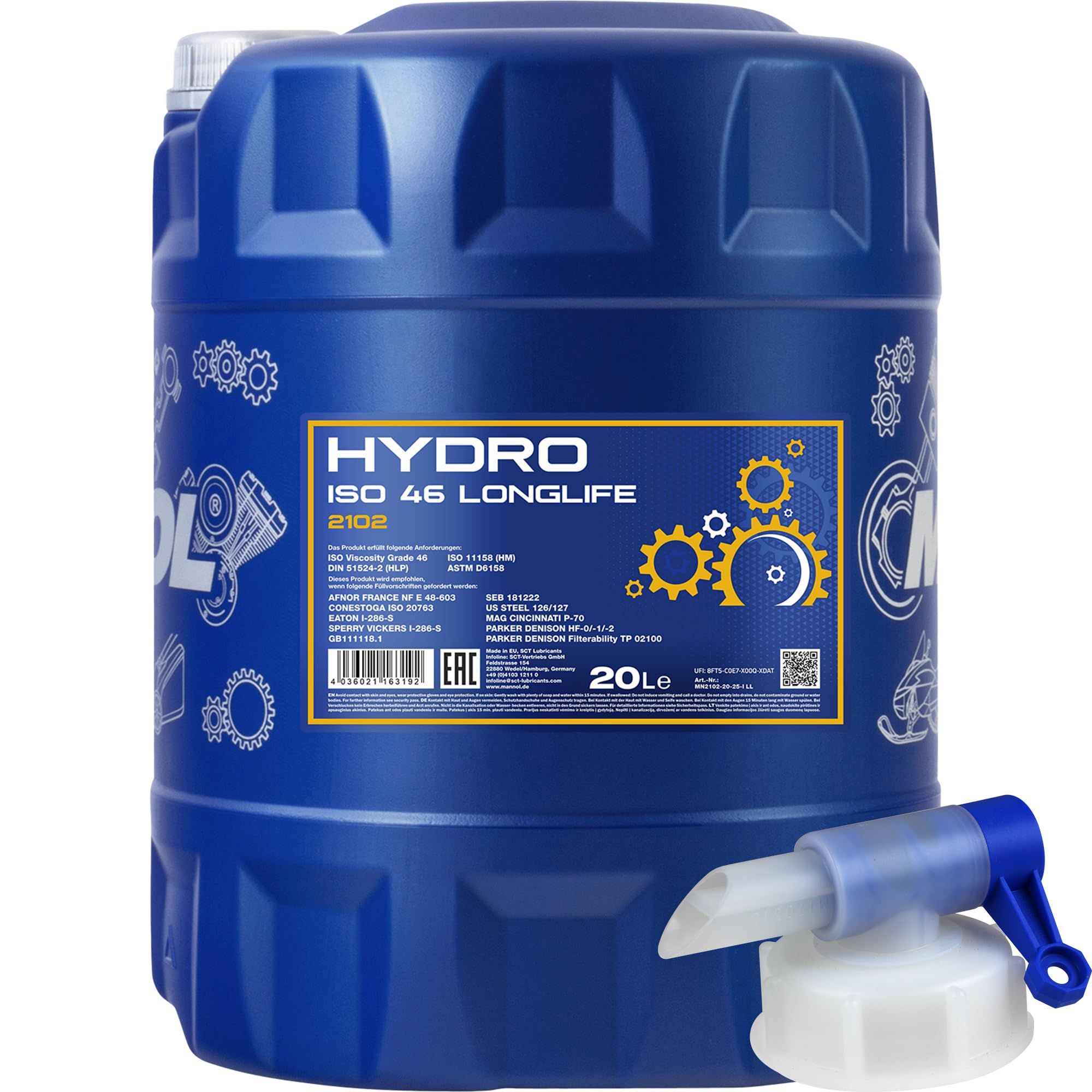 MANNOL HYDRO ISO 46 - Liquido per olio idraulico MN2102-20, 20 litri, con rubinetto