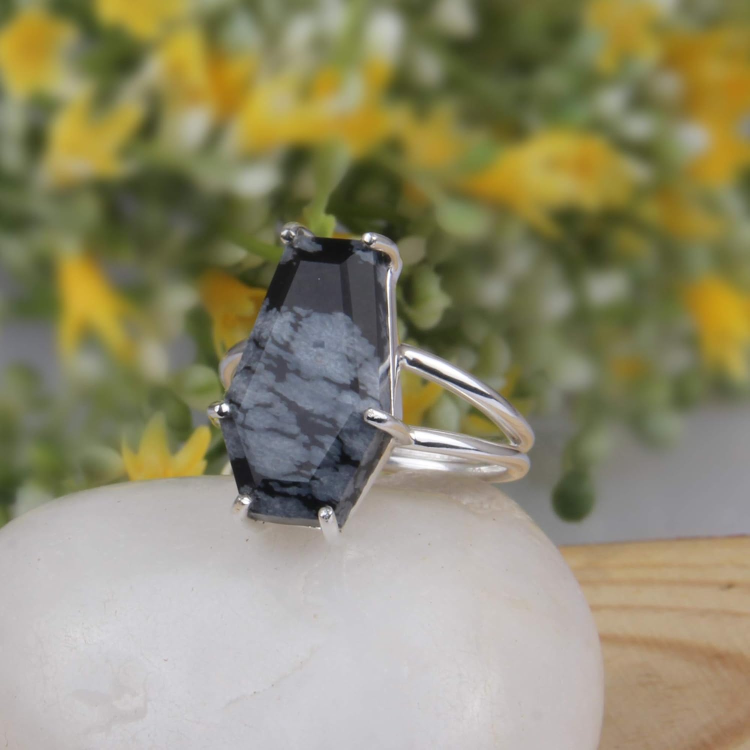 925 Sterling Silver Handmade Snowflake Obsidian Coffin Ring | Natural Gemstone Jewelry for Women | Ideal Gifts for Mom from Daughter or Son | Perfect for Anniversaries, Birthdays, Weddings, Christmas