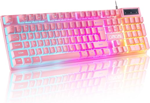 Light Up Cute Pink Gaming Keyboard, 104 Keys Full Size, Number Pad, 19 Keys Anti-Ghosting, Multimedia Function Keys, 3 Colors LED Backlit, USB Wired Creamy Keyboard for PC, Computer, Desktop, Laptop