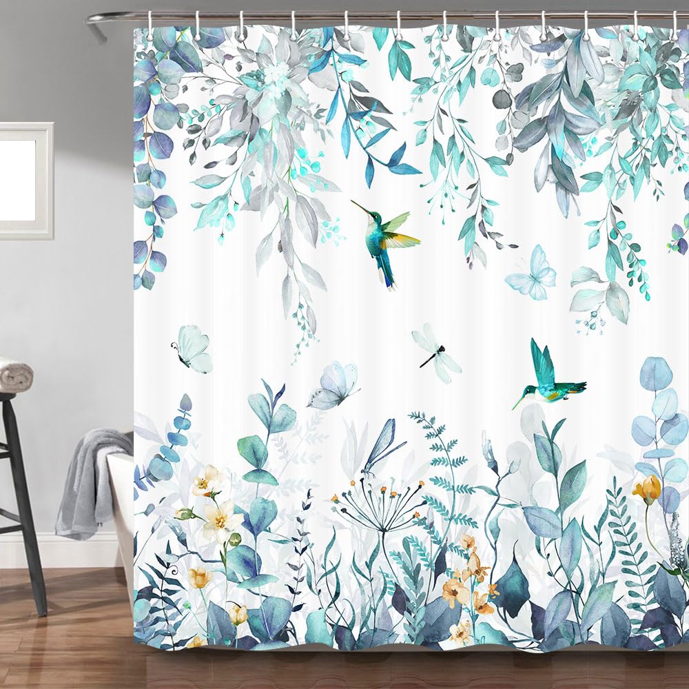 Torich Sage Green Eucalyptus Shower Curtain for Bathroom, Leaves Plant Floral Bathroom Decor Bath Curtains, Bird Leaf Botanical Waterproof Fabric