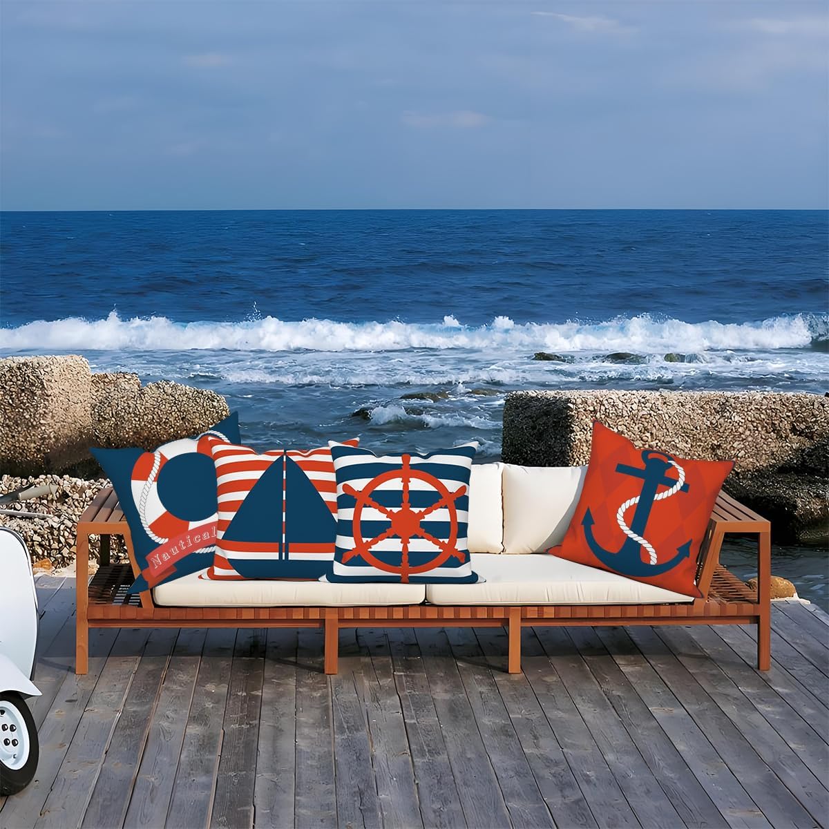 Nautical Throw Pillow Covers Navy Blue Ocean Boat Nautical Diary Anchor Compass Sailboat Red Stripe Pillowcases 18x18 Set of 4 Square Cushion Covers Gift Home Ship Sofa Couch Bed Decor