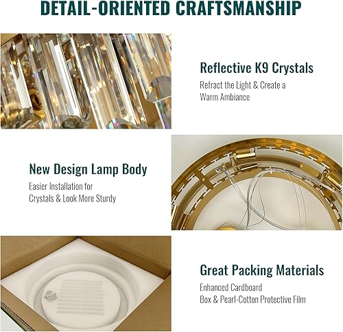 Miniatura 8 de Siljoy Candelabro moderno de cristal de 12 luces de oro cepillado de 2 niveles con forma de gota de lluvia de cristal, ajustable, montaje empotrado,