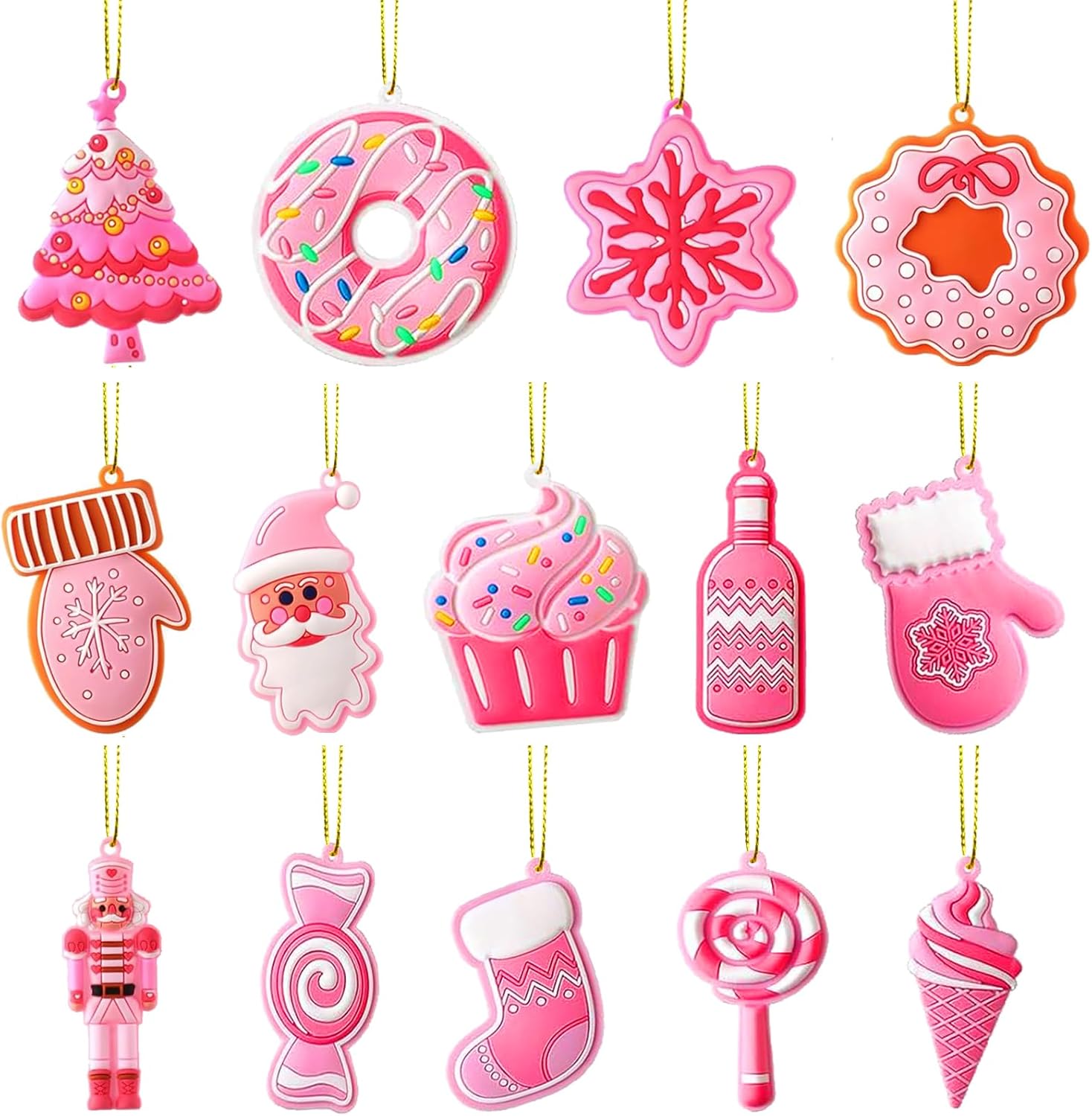 14 Pcs Pink Christmas Tree Ornaments, Xmas Candy Cane Lollipop Santa Claus Ornament Cute Traditional Ornament Christmas Tree Ornaments for Xmas Party Decors