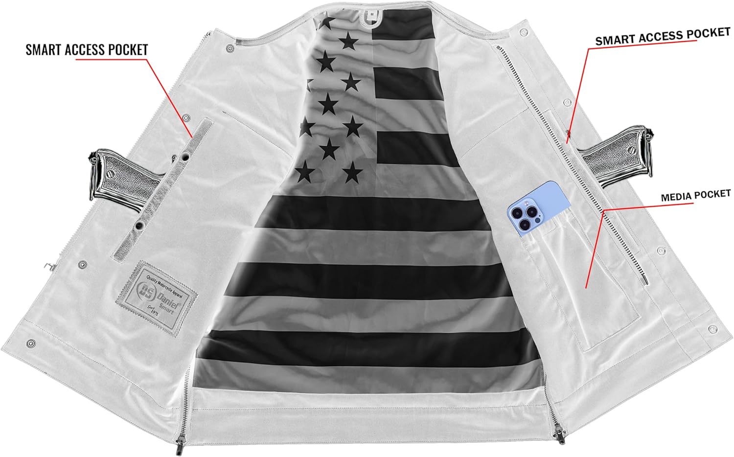 Daniel Smart Motorcycle Vests for Men Premium Cowhide leather Unique USA Flag Inside Lining Biker vest with Multiple Pocket