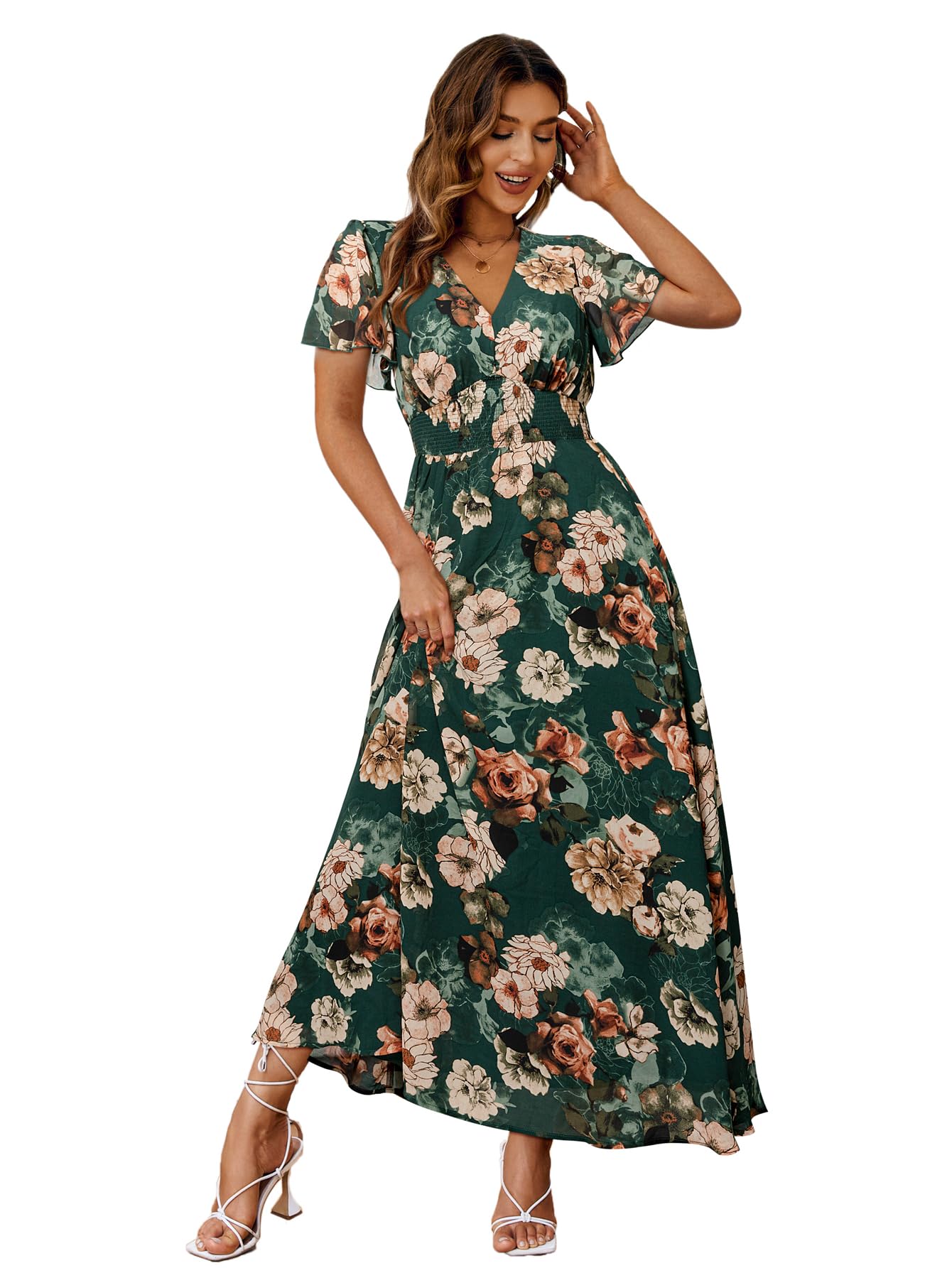 Simplee Women's Boho Floral Maxi Dress Flowy Casual V Neck Short Sleeve Wedding Guest Holiday Beach Long Dress