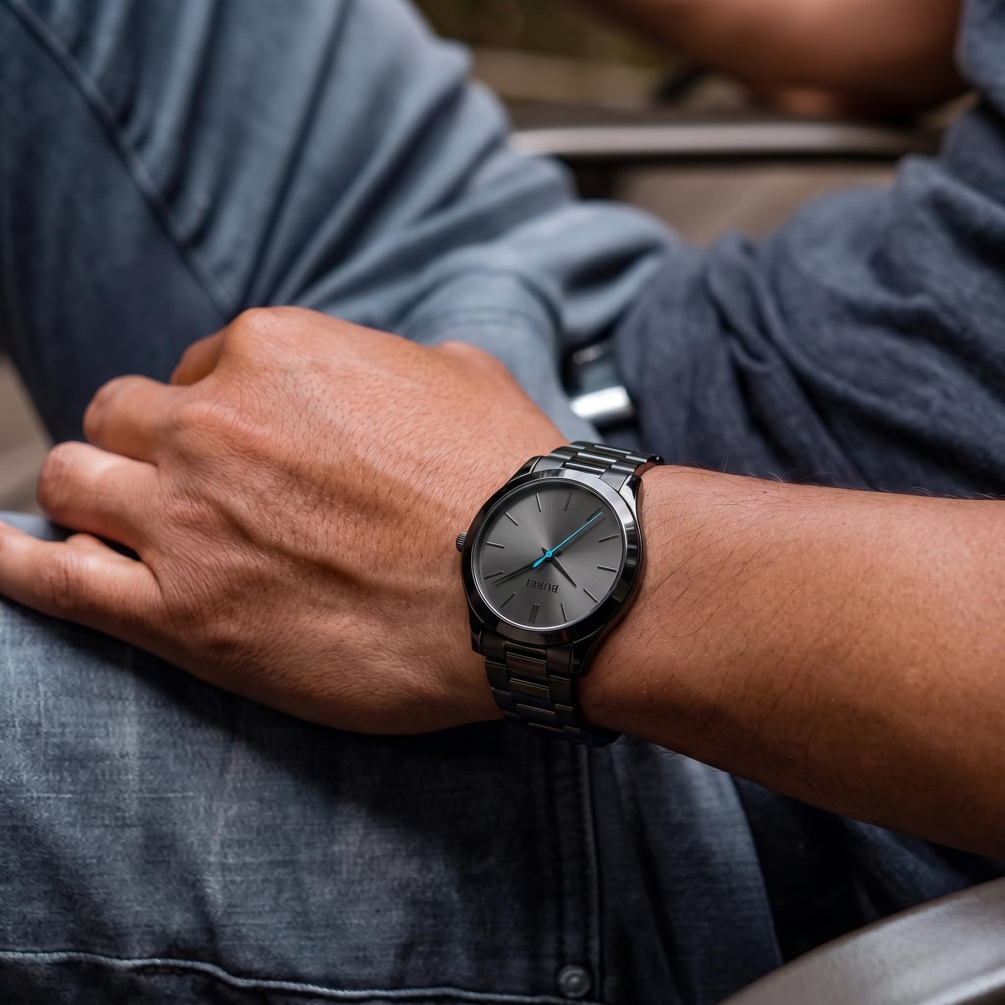 BUREI Ultradünne Herrenuhr – Minimalistisches Analog-Design, wasserdichtes Quarzwerk, Geschenk für Männer (Weiß/blau)