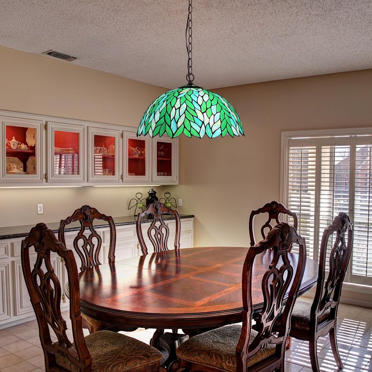 Tiffany Pendant Light fixtures Hanging Lamp,2-Lights Green Wisteria Stained Glass Ceiling Pendant Lighting for Dining Room Kitchen Island Study Hallway