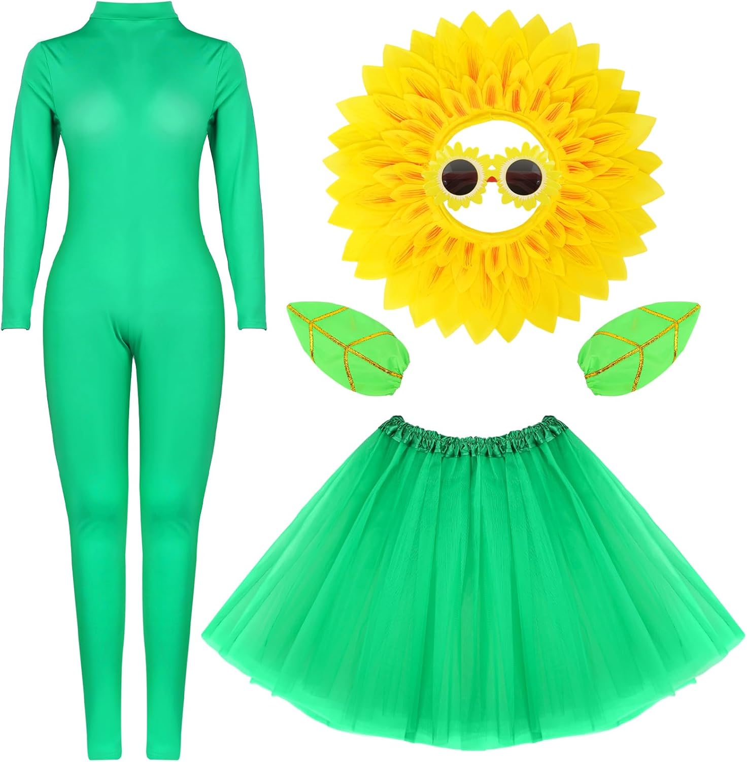 5pcs Sunflower Halloween Costumes for Women Cosplay Green Bodysuit Skirt Yellow Hood Headpiece Glasses Leaf Glove Accessory